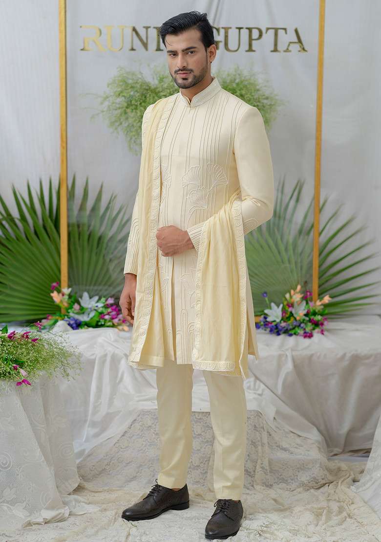 Cream Hand Embroidered Silk Blend Sherwani Set For Men - Indya