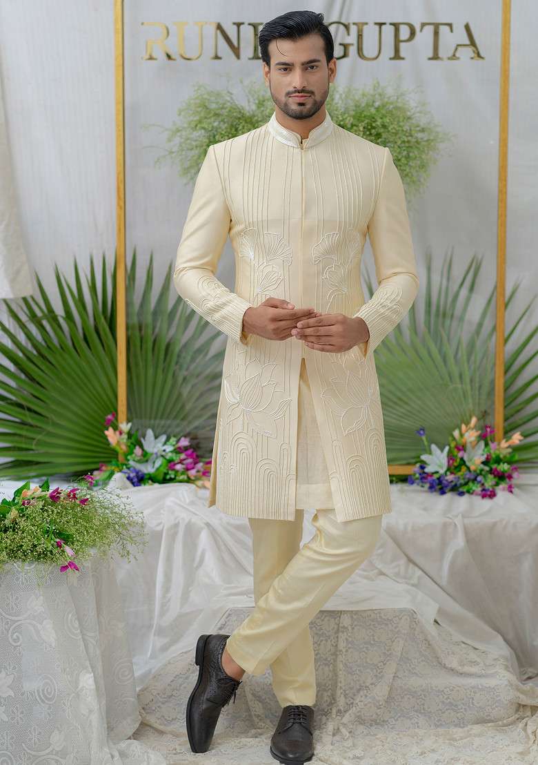 Cream Hand Embroidered Silk Blend Sherwani Set For Men - Indya