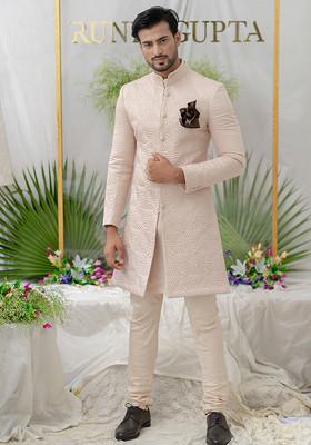 Pink Hand Embroidered Silk Sherwani Set For Men