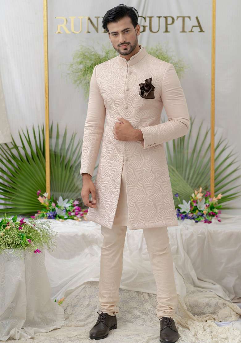 Pink Hand Embroidered Silk Blend Sherwani Set For Men - Indya