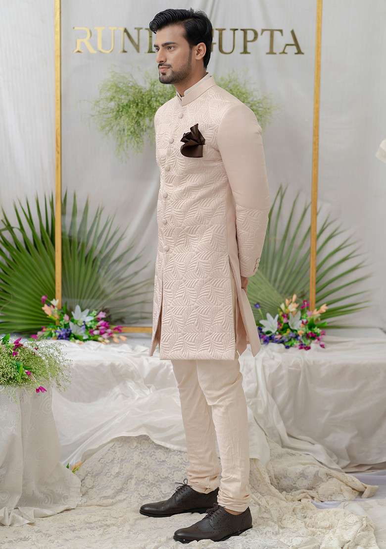 Pink Hand Embroidered Silk Blend Sherwani Set For Men - Indya