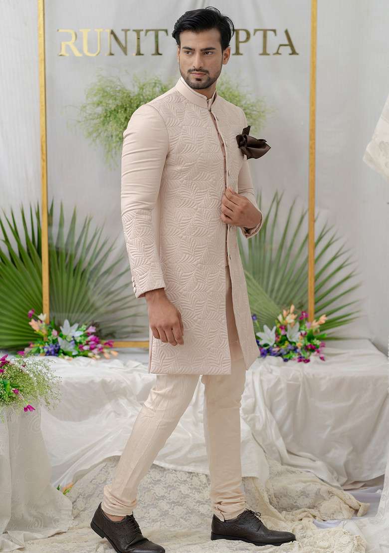 Pink Hand Embroidered Silk Blend Sherwani Set For Men - Indya