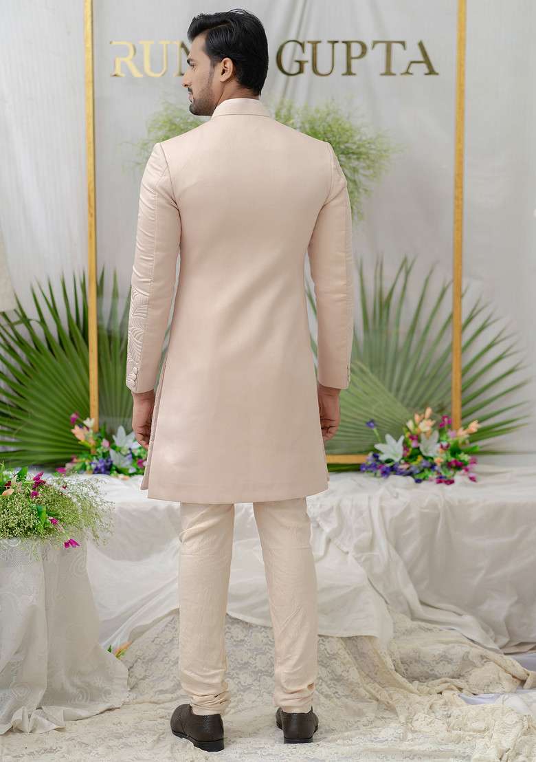 Pink Hand Embroidered Silk Blend Sherwani Set For Men - Indya