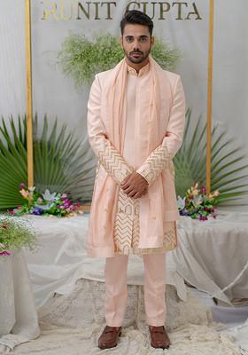 Pink Hand Embroidered Chanderi Silk Sherwani Set For Men
