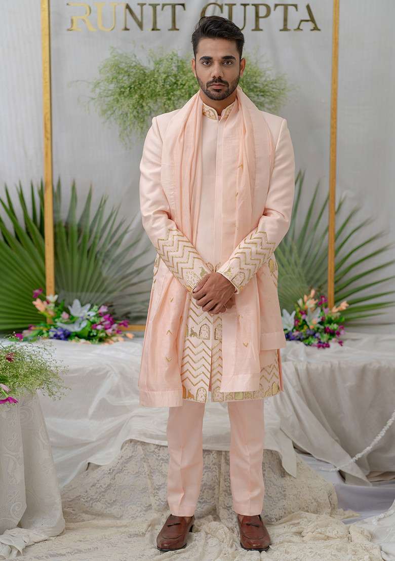 Pink Hand Embroidered Chanderi Silk Blend Sherwani Set For Men - Indya