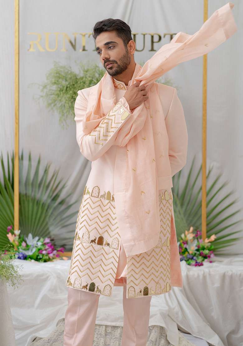 Pink Hand Embroidered Chanderi Silk Blend Sherwani Set For Men - Indya