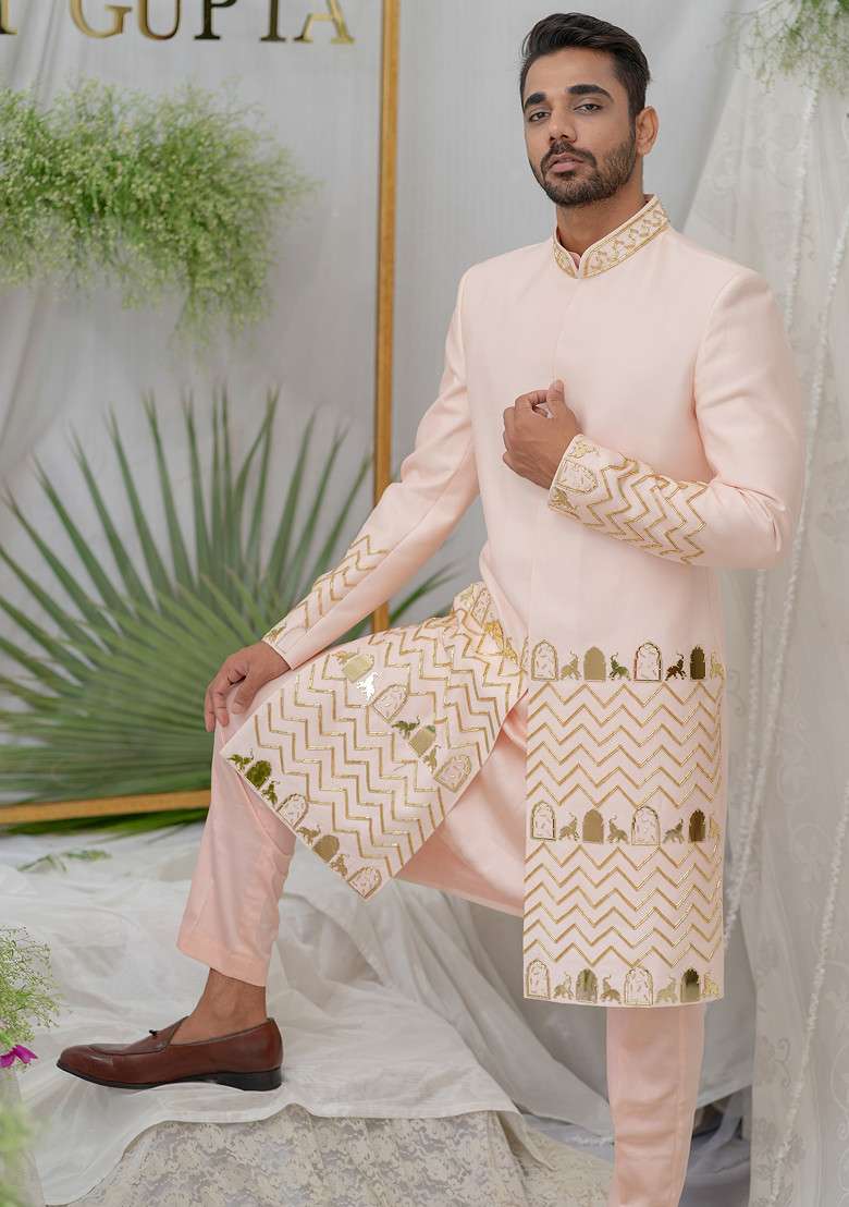 Pink Hand Embroidered Chanderi Silk Blend Sherwani Set For Men - Indya