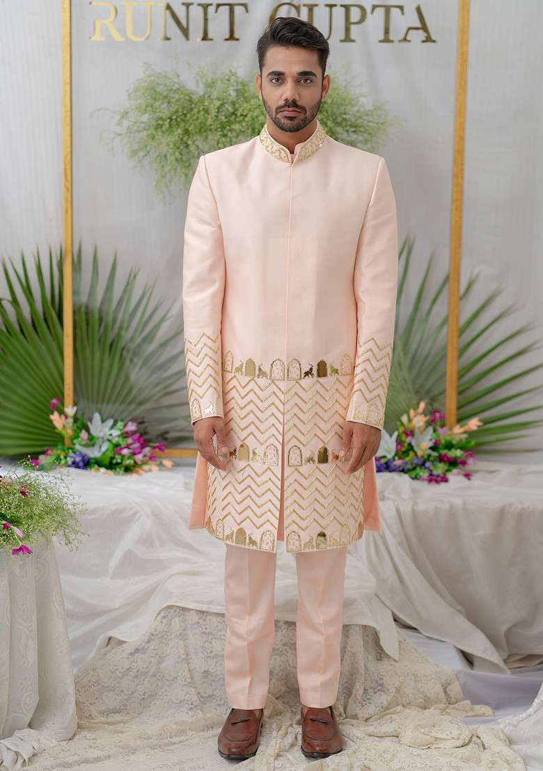 Pink Hand Embroidered Chanderi Silk Blend Sherwani Set For Men - Indya