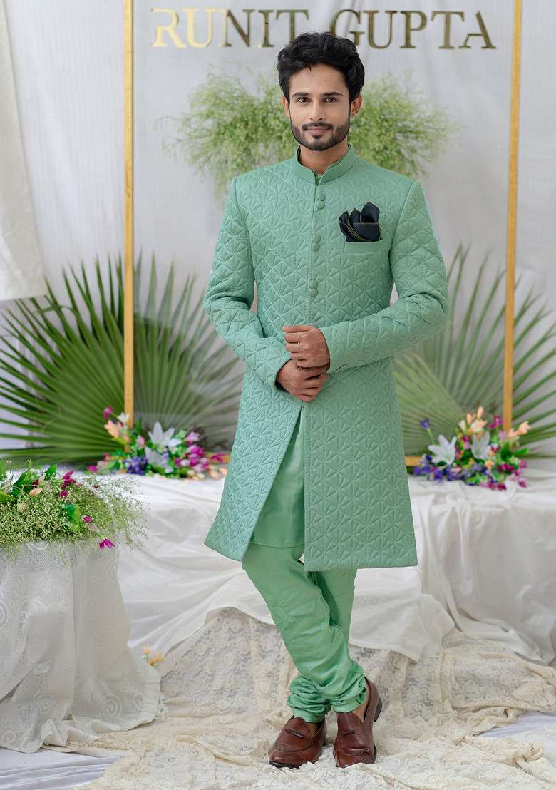 Green Quilted Silk Blend Sherwani Set For Men - Indya