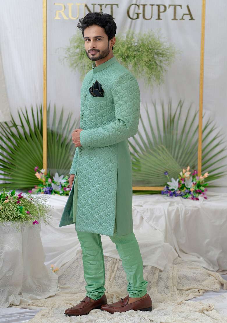 Green Quilted Silk Blend Sherwani Set For Men - Indya