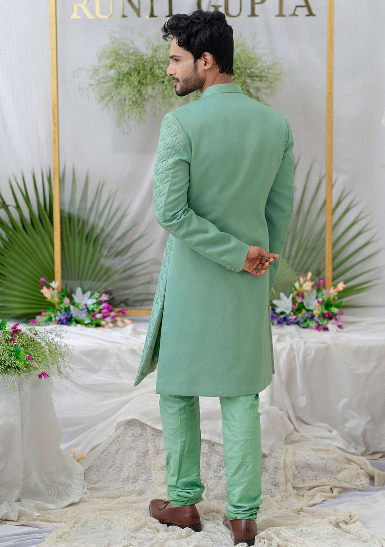 Green Quilted Silk Blend Sherwani Set For Men - Indya