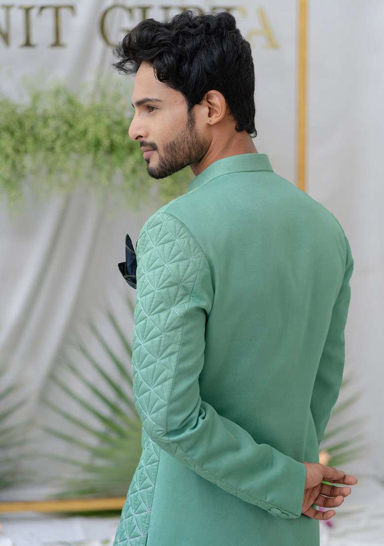 Green Quilted Silk Blend Sherwani Set For Men - Indya