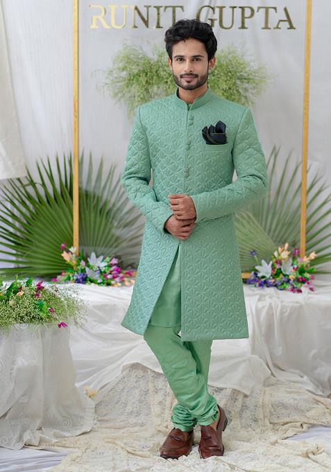 Green Quilted Silk Sherwani Set For Men