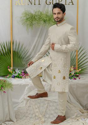 Grey Hand Embroidered Raag Sherwani Set For Men