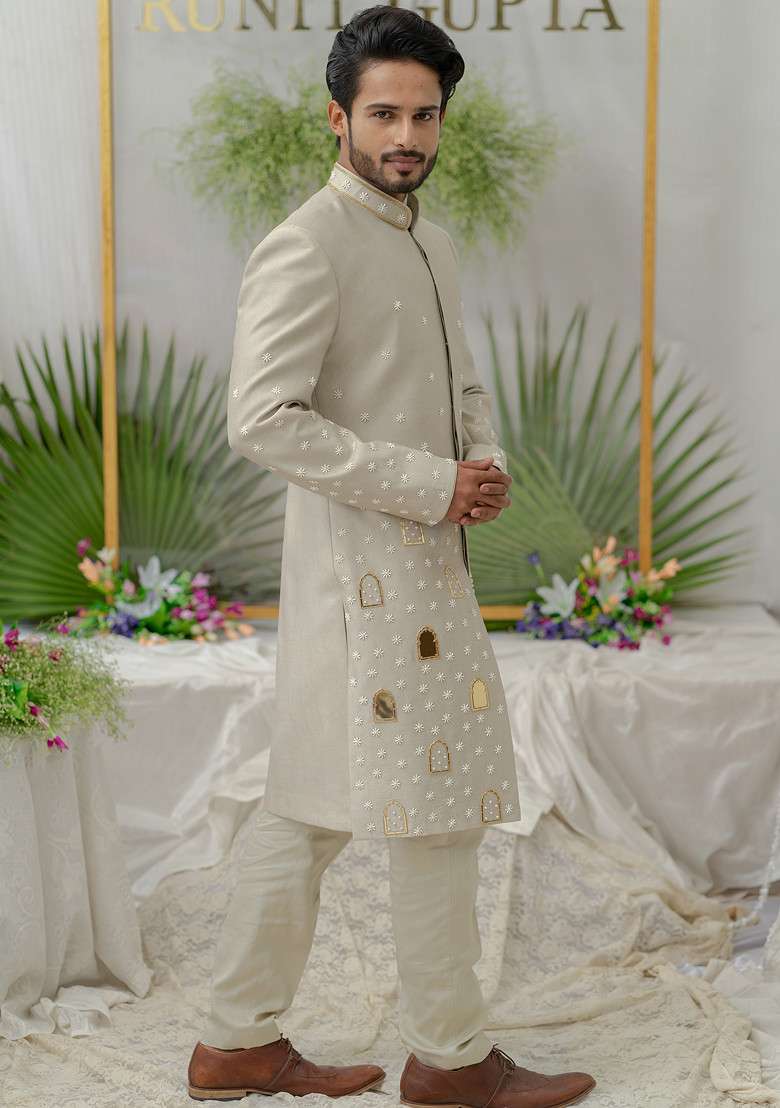 Grey Hand Embroidered Raag Sherwani Set For Men - Indya