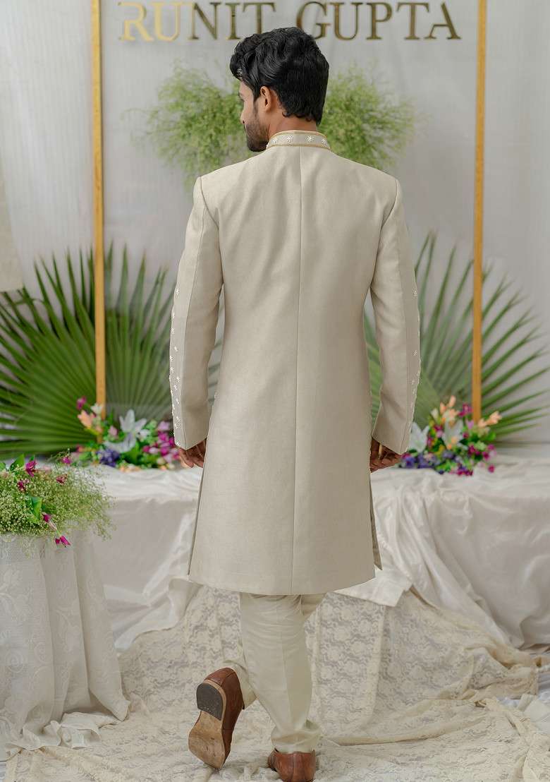 Grey Hand Embroidered Raag Sherwani Set For Men - Indya