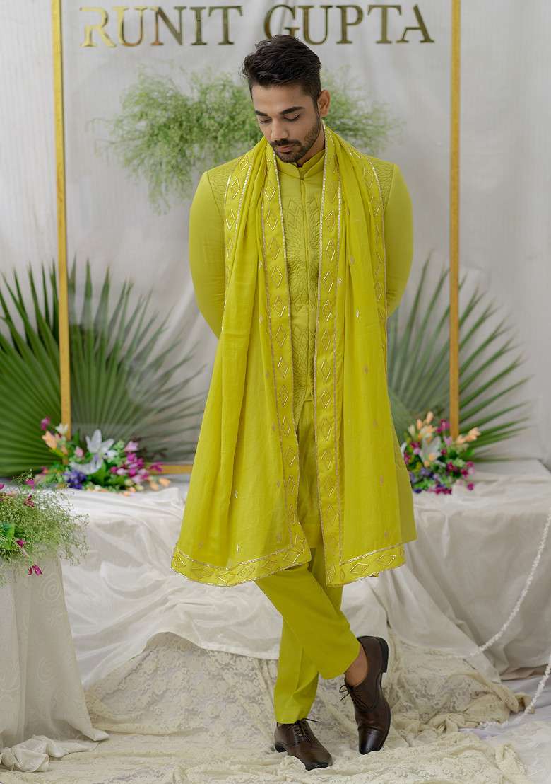Green Quilted Yuvaan Sherwani Set For Men - Indya