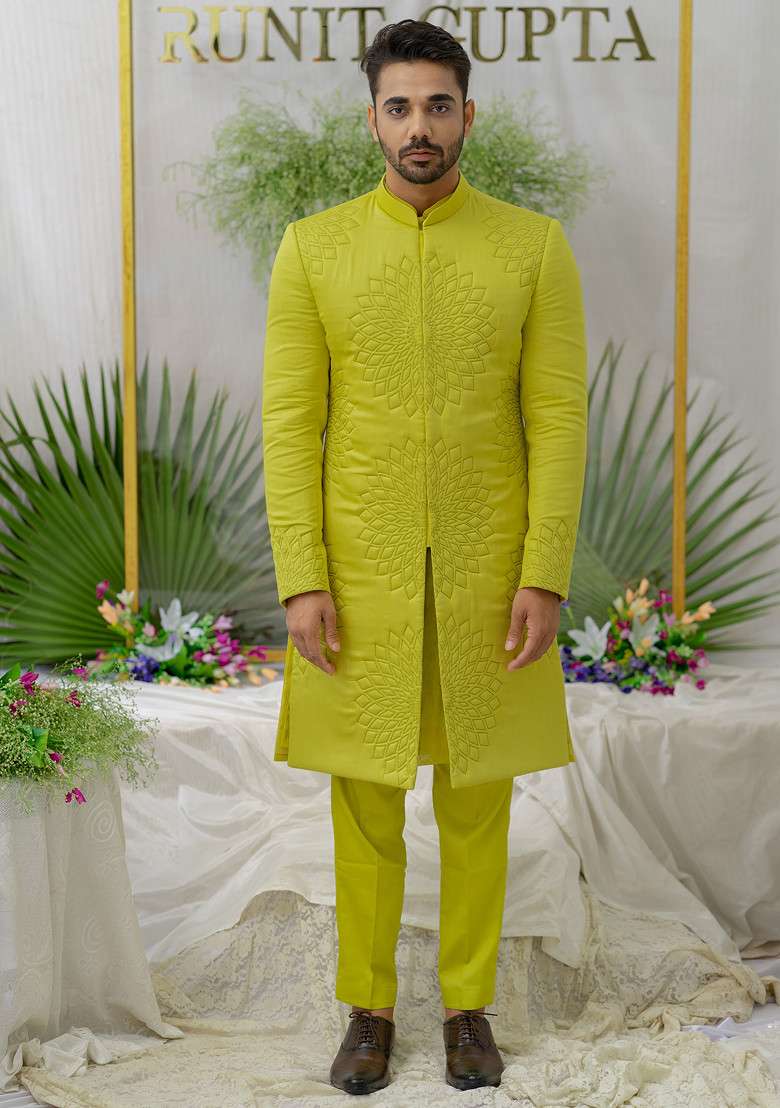 Green Quilted Yuvaan Sherwani Set For Men - Indya