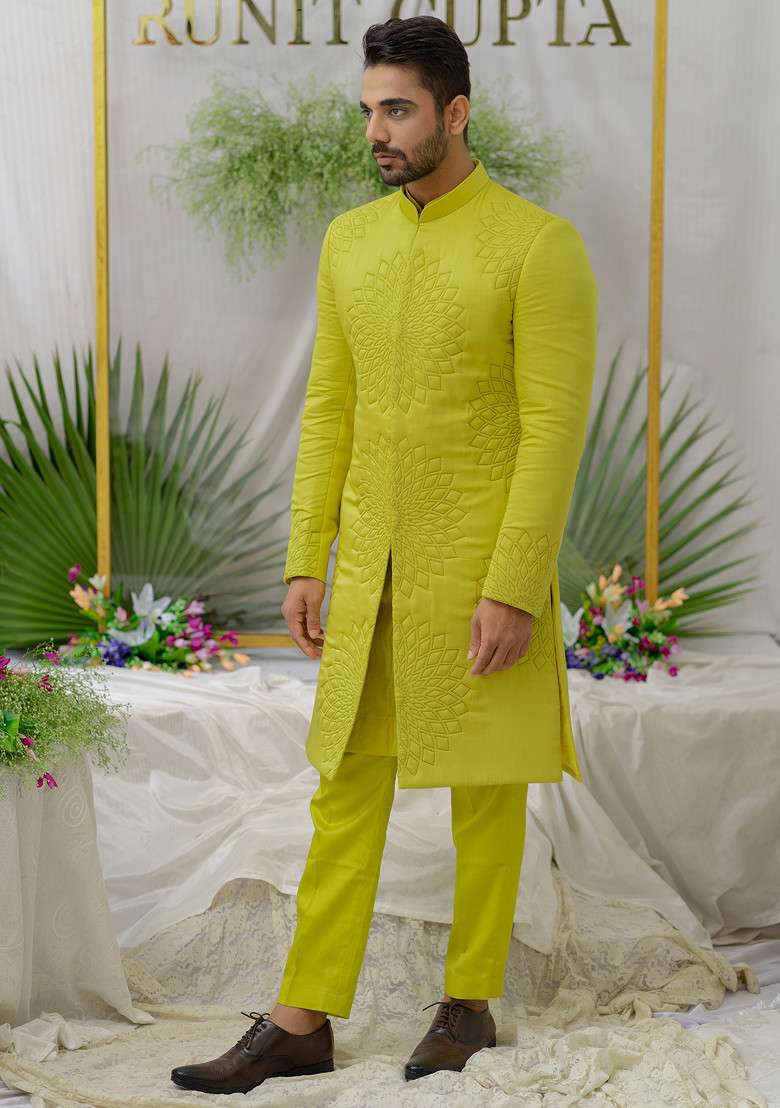 Green Quilted Yuvaan Sherwani Set For Men - Indya