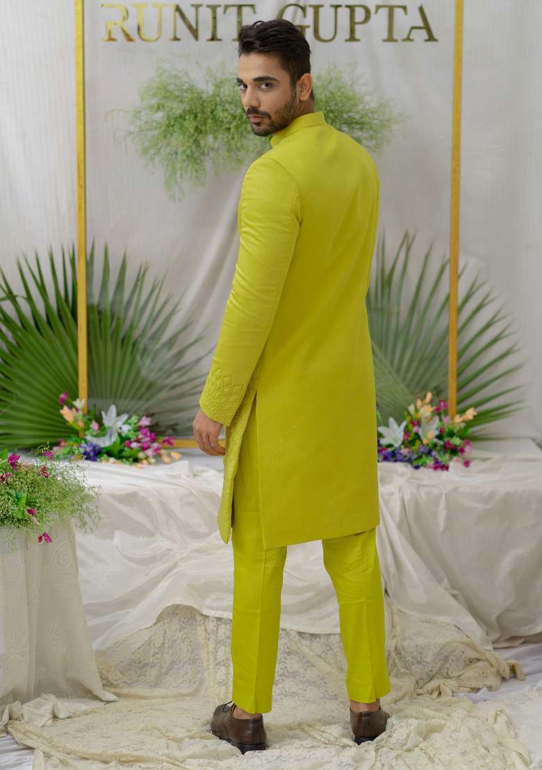 Green Quilted Yuvaan Sherwani Set For Men - Indya