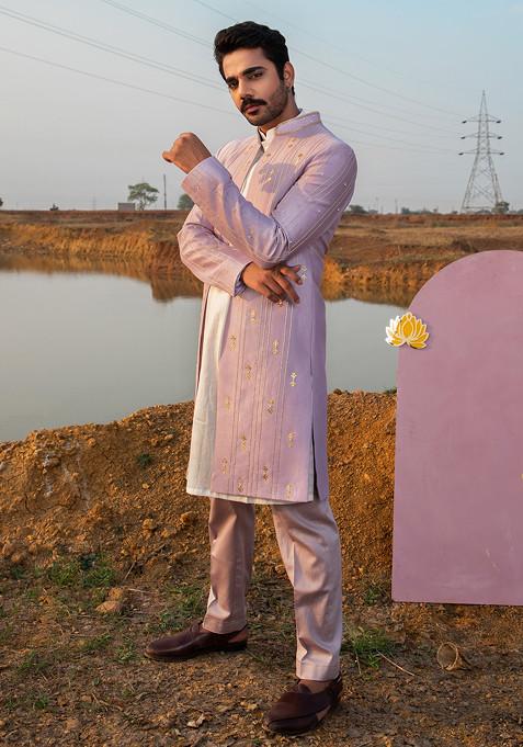 Lavender Pearl Embellished Vegan Silk Sherwani Set For Men
