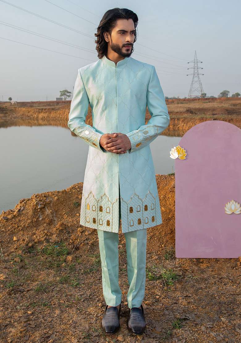 Light Blue Khidki Motif Embroidered Sherwani Set For Men - Indya