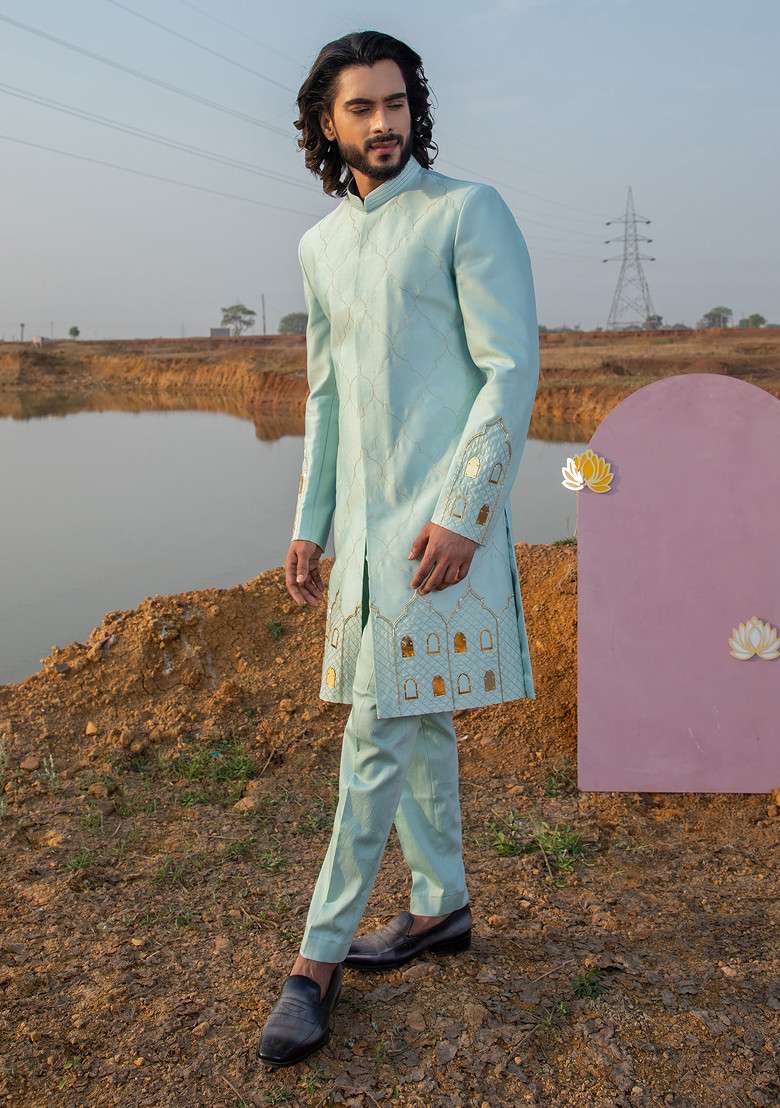 Light Blue Khidki Motif Embroidered Sherwani Set For Men - Indya