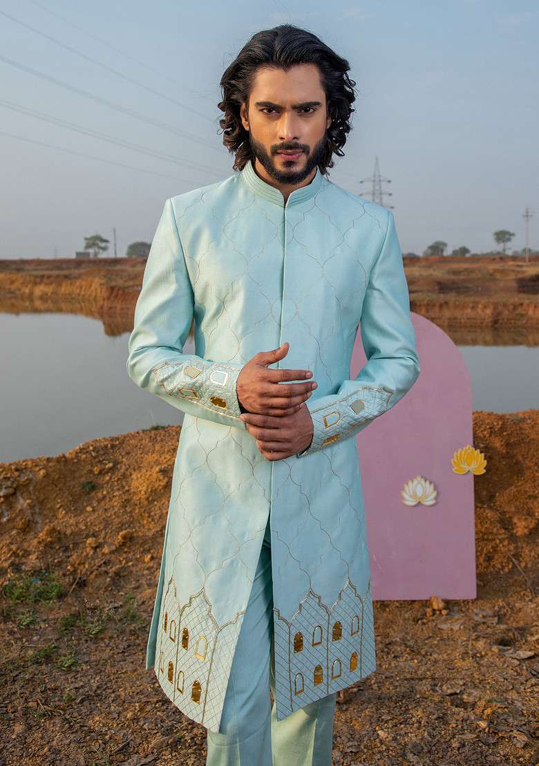 Light Blue Khidki Motif Embroidered Sherwani Set For Men - Indya