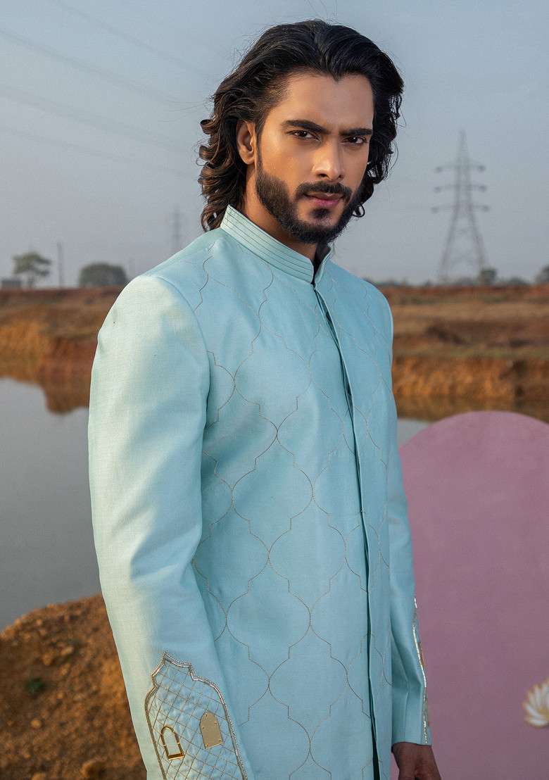 Light Blue Khidki Motif Embroidered Sherwani Set For Men - Indya