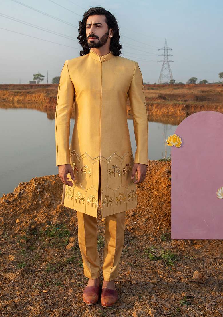 Golden Hand Embroidered Vegan Silk Blend Sherwani Set For Men - Indya