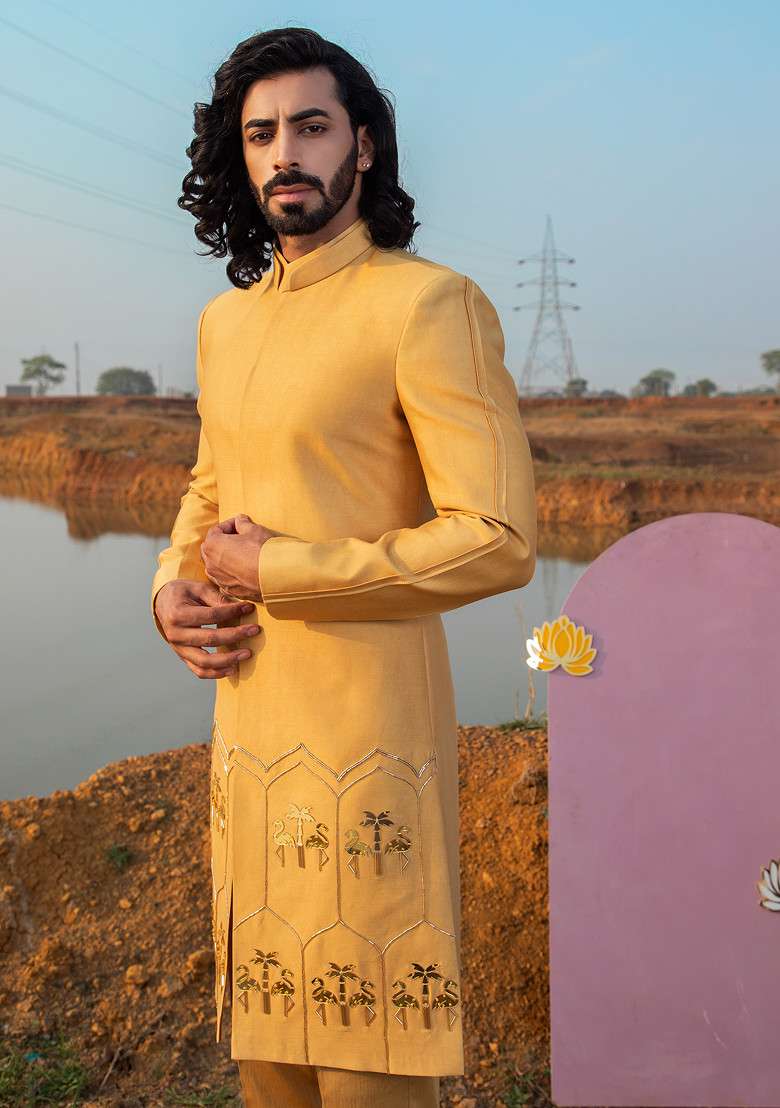 Golden Hand Embroidered Vegan Silk Blend Sherwani Set For Men - Indya