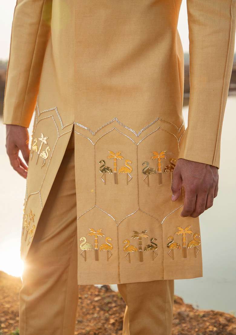 Golden Hand Embroidered Vegan Silk Blend Sherwani Set For Men - Indya
