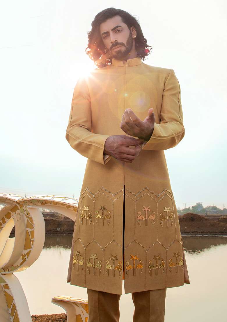 Golden Hand Embroidered Vegan Silk Blend Sherwani Set For Men - Indya