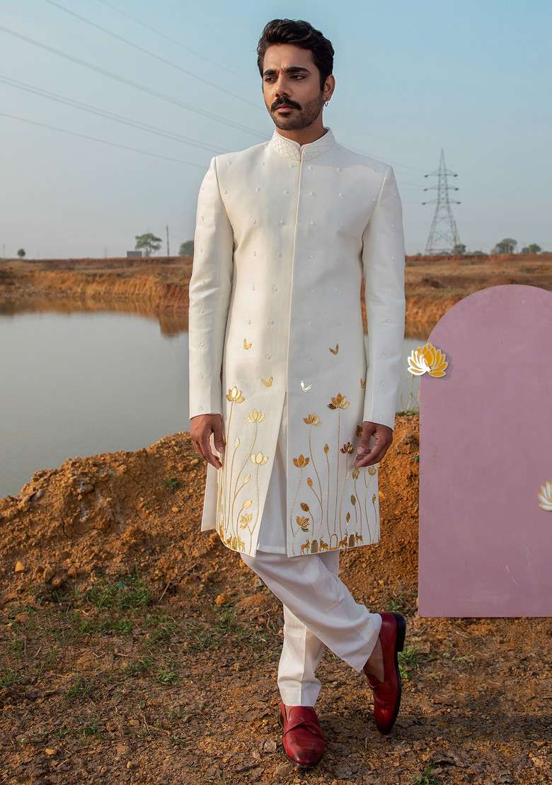 Ivory Cutpipe Embellished Vegan Silk Blend Sherwani Set For Men - Indya