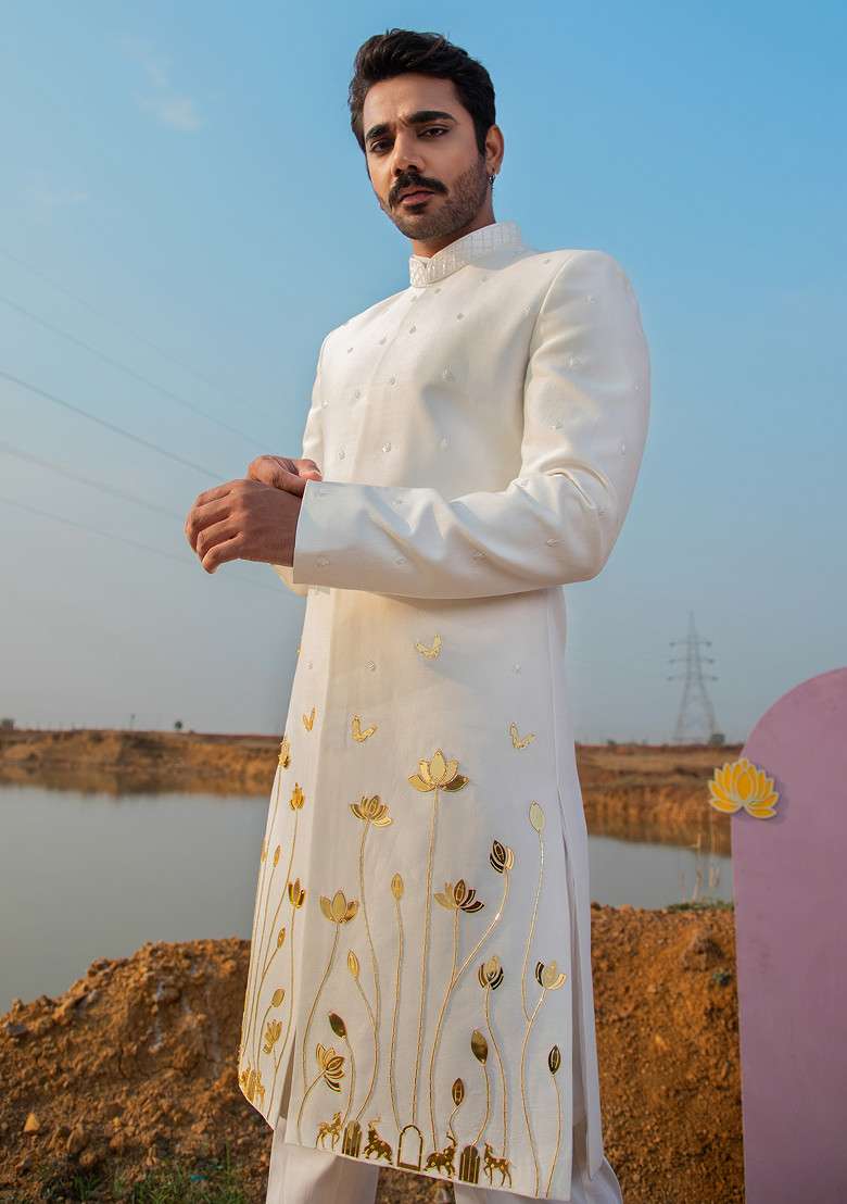 Ivory Cutpipe Embellished Vegan Silk Blend Sherwani Set For Men - Indya