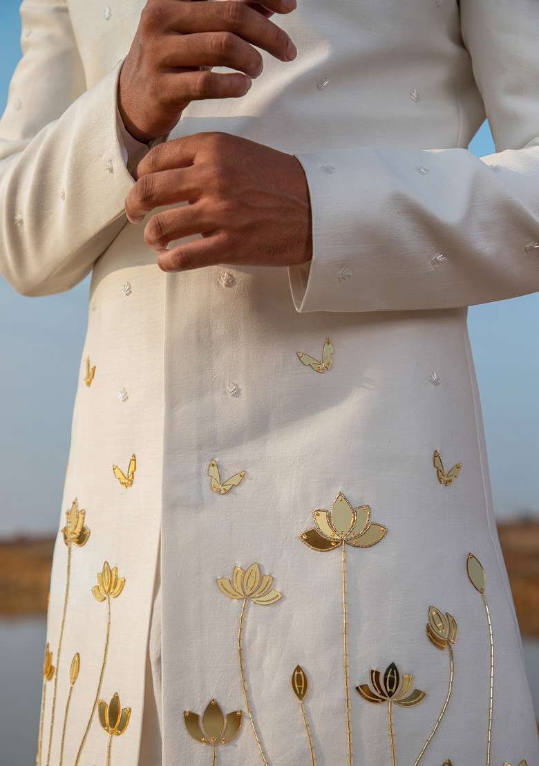 Ivory Cutpipe Embellished Vegan Silk Blend Sherwani Set For Men - Indya