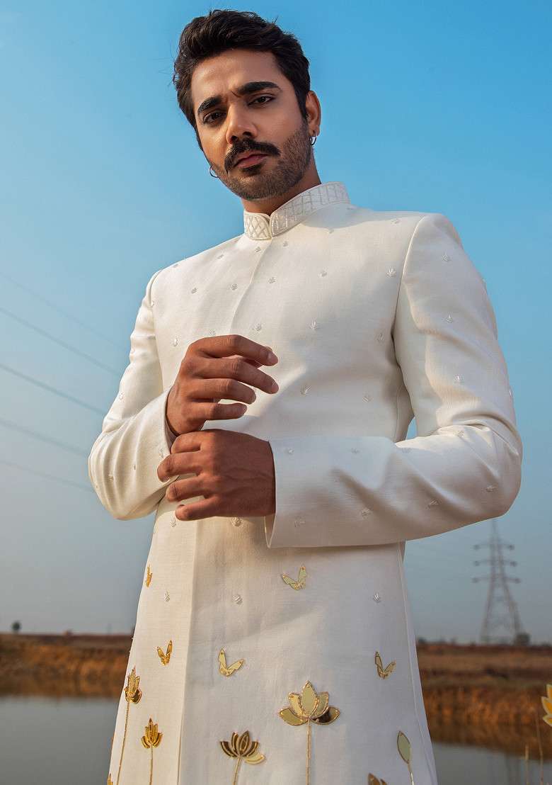 Ivory Cutpipe Embellished Vegan Silk Blend Sherwani Set For Men - Indya
