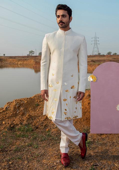 Ivory Cutpipe Embellished Vegan Silk Sherwani Set For Men