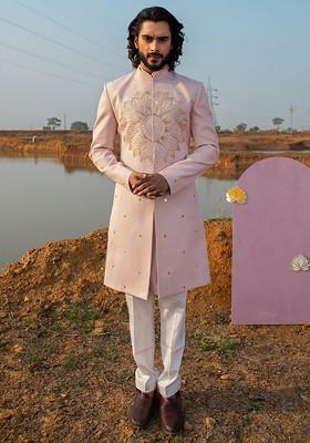 Pink Cut Pipe Embellished Vegan Silk Sherwani Set For Men