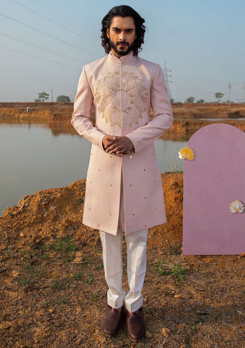 Pink Cut Pipe Embellished Vegan Silk Blend Sherwani Set For Men - Indya