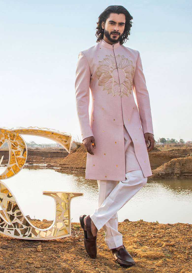 Pink Cut Pipe Embellished Vegan Silk Blend Sherwani Set For Men - Indya