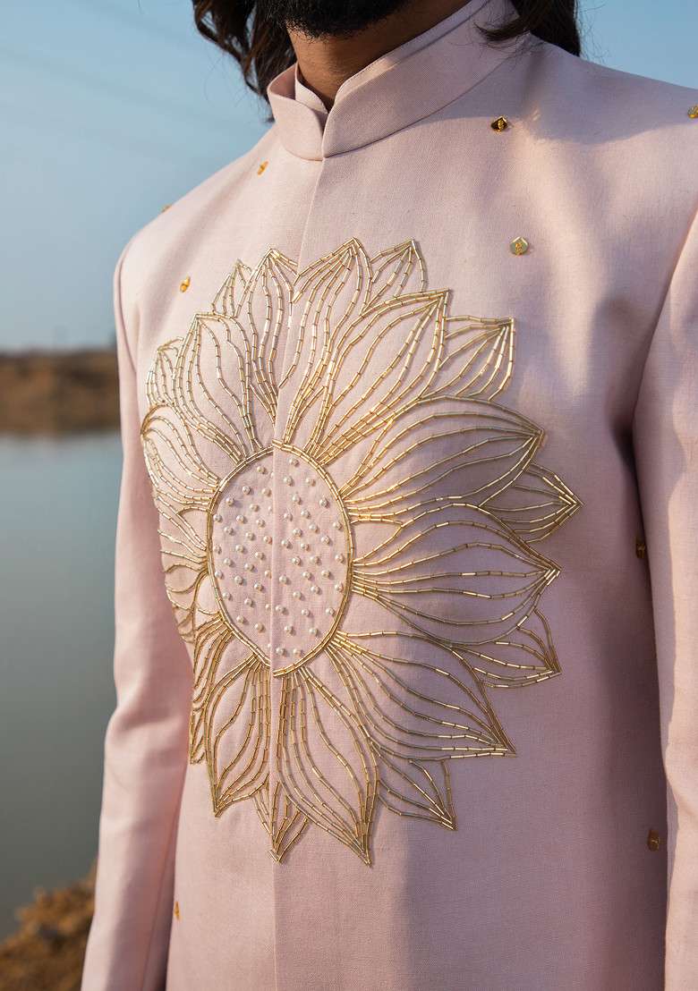 Pink Cut Pipe Embellished Vegan Silk Blend Sherwani Set For Men - Indya