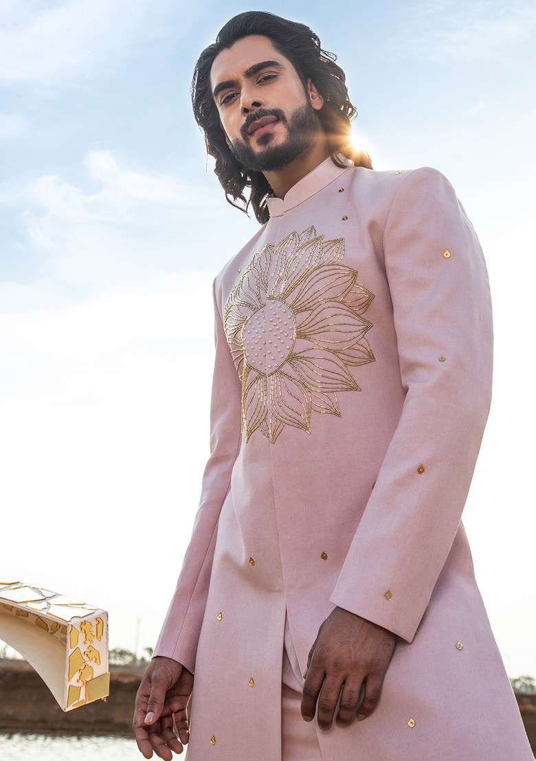 Pink Cut Pipe Embellished Vegan Silk Blend Sherwani Set For Men - Indya