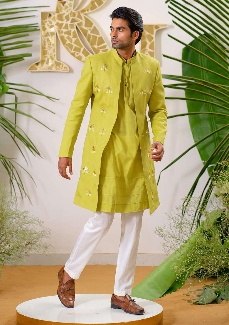 Green Hand Embroidered Sherwani Set For Men - Indya