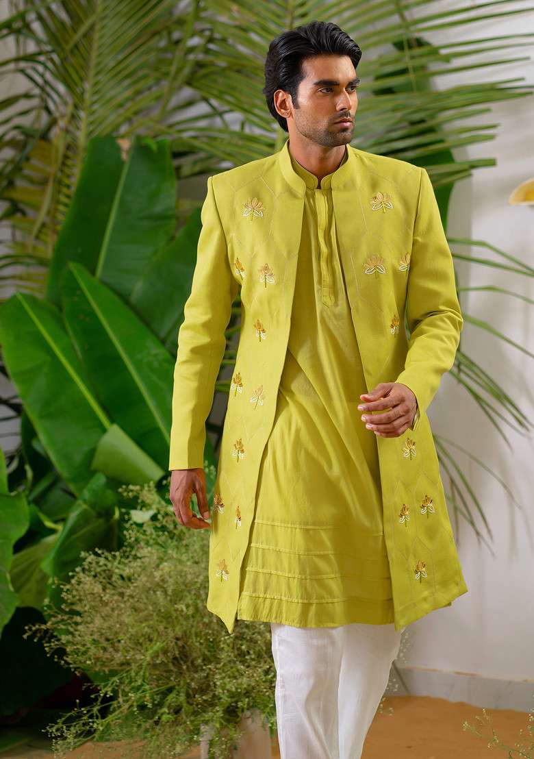 Green Hand Embroidered Sherwani Set For Men - Indya