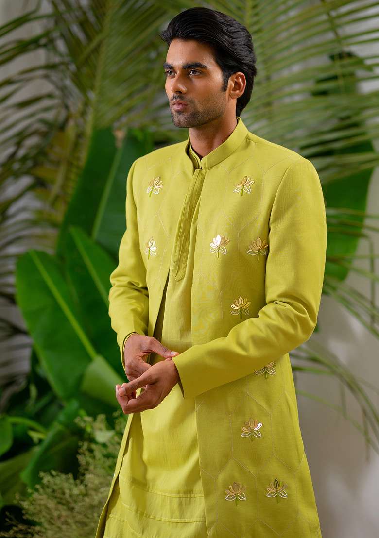 Green Hand Embroidered Sherwani Set For Men - Indya