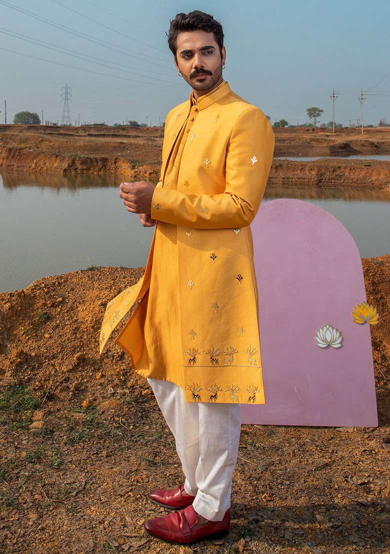 Gold Reindeer Embroidered Sherwani Set For Men - Indya