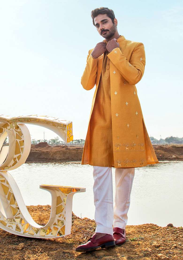 Gold Reindeer Embroidered Sherwani Set For Men - Indya