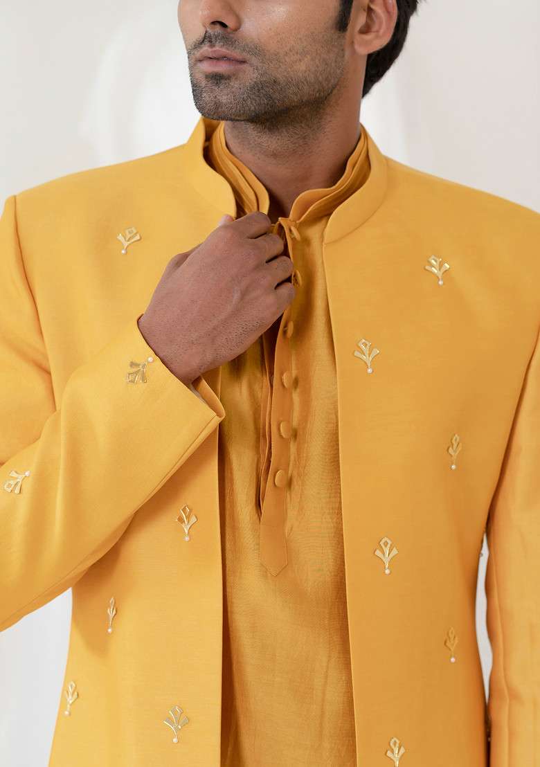 Gold Reindeer Embroidered Sherwani Set For Men - Indya
