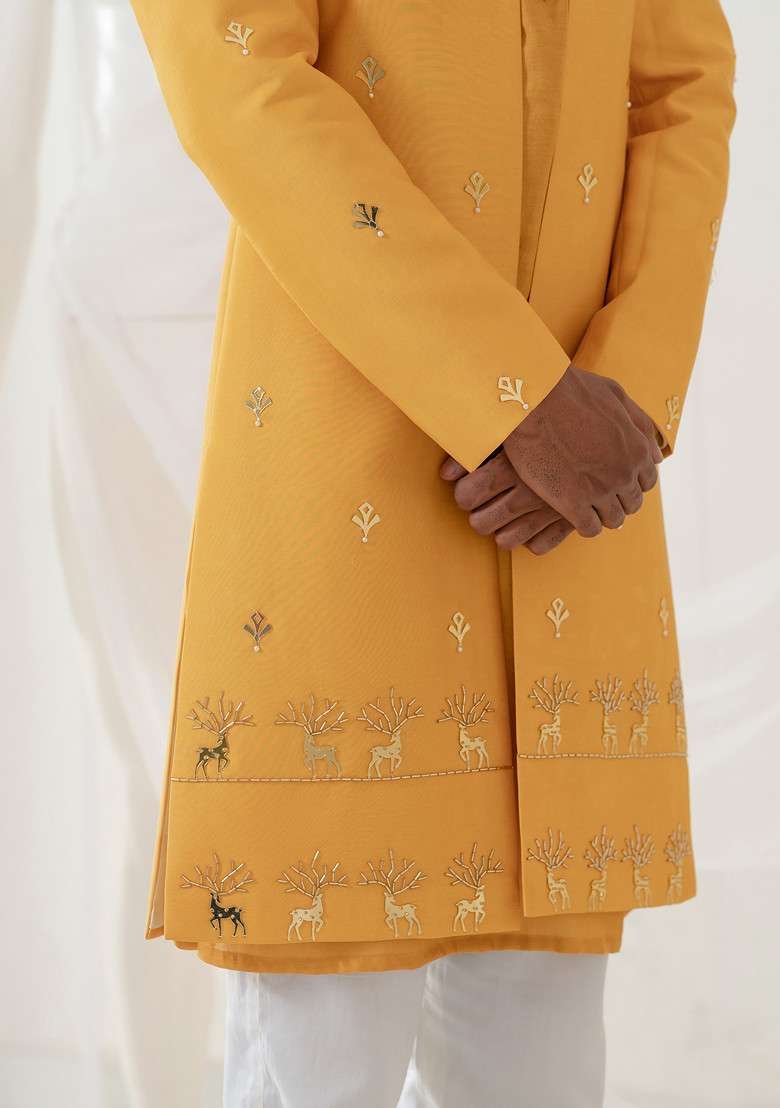 Gold Reindeer Embroidered Sherwani Set For Men - Indya